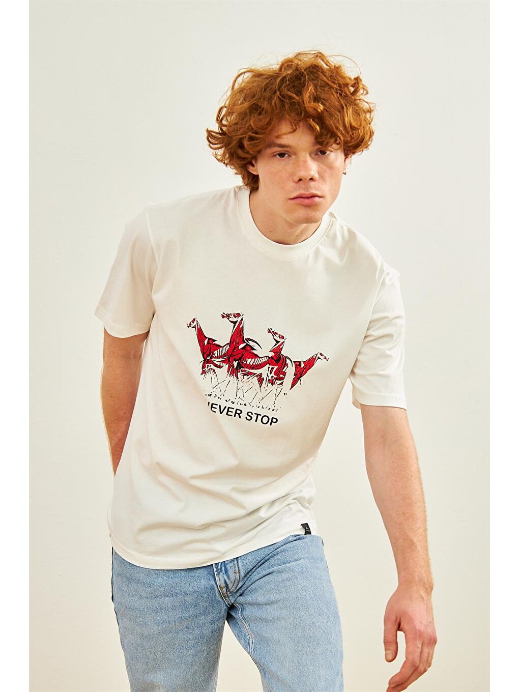 Erkek At Baskılı Oversize Tişört Ekru-5