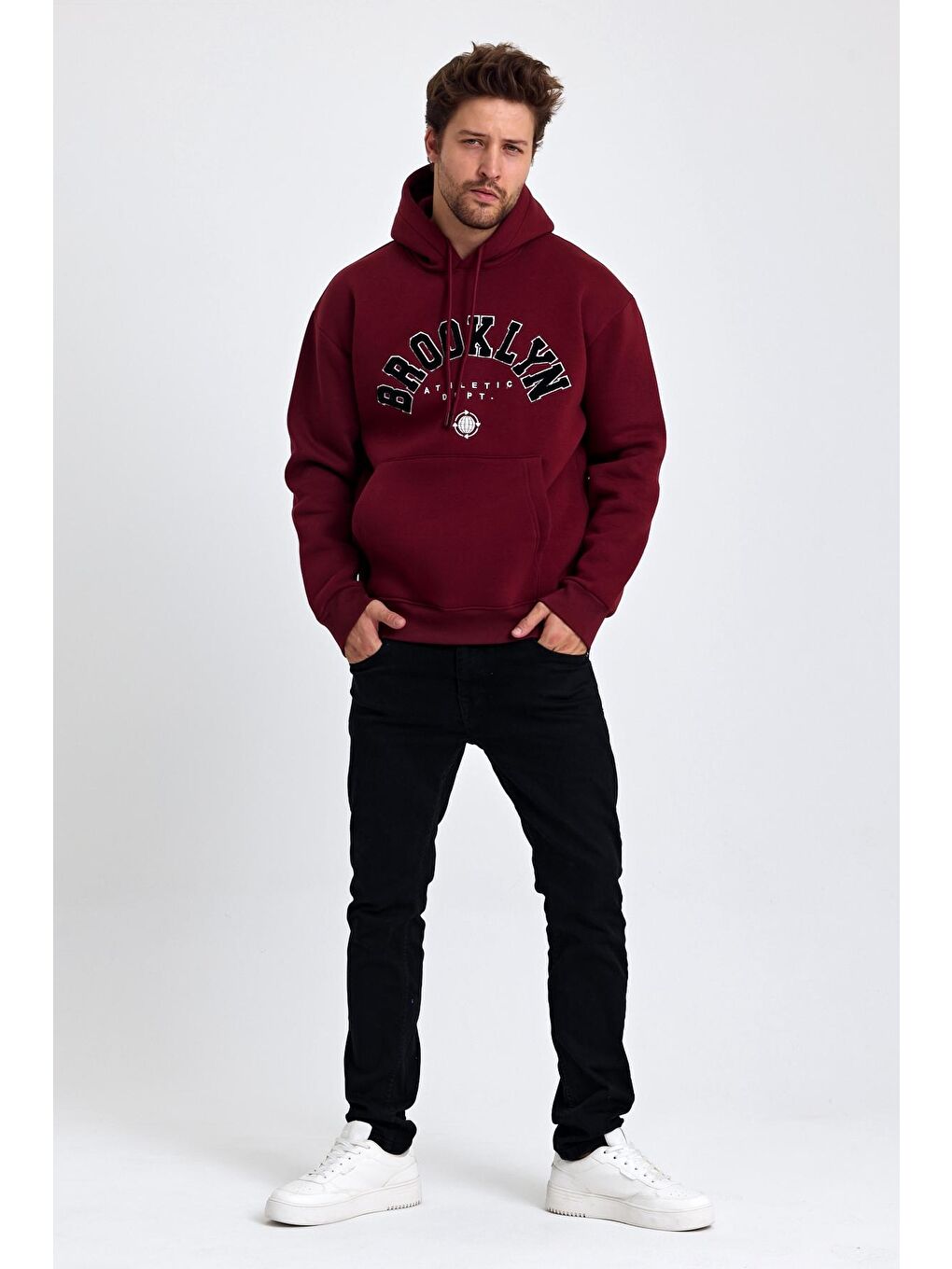 Tarz Cool Bordo Erkek Yumusaçık Kumaşlı Kapüşonlu Kordonlu Regular Fit Baskılı Sweatshirt