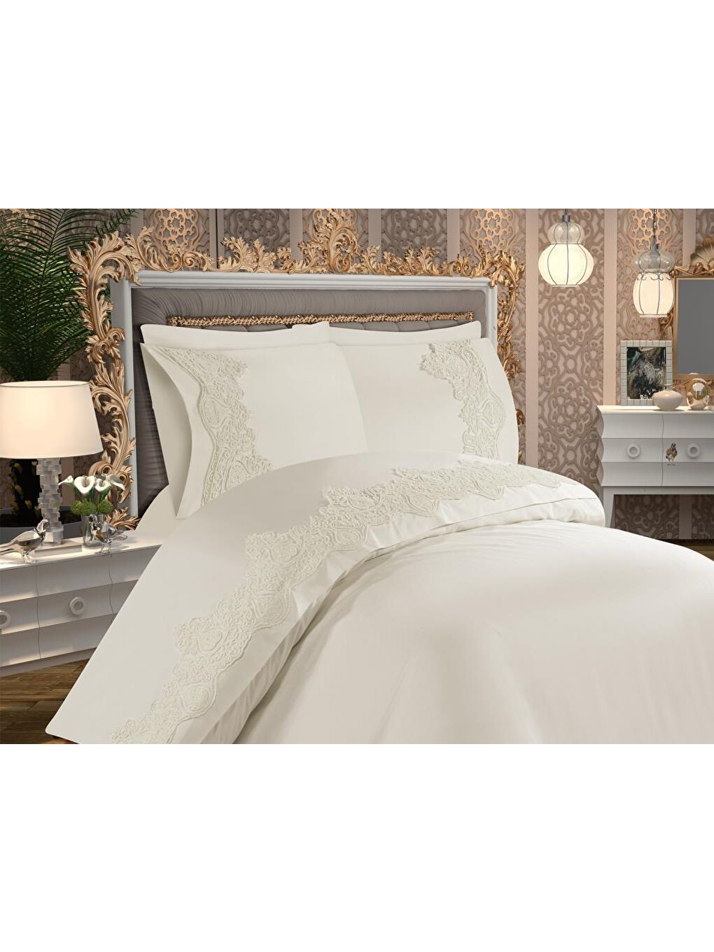 Ekru Duru Fransız Güpürlü Çeyizlik Nevresim Takmı Krem