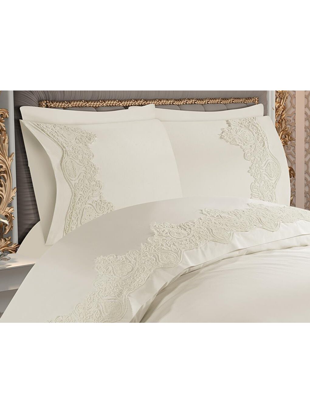 Ekru Duru Fransız Güpürlü Çeyizlik Nevresim Takmı Krem-1