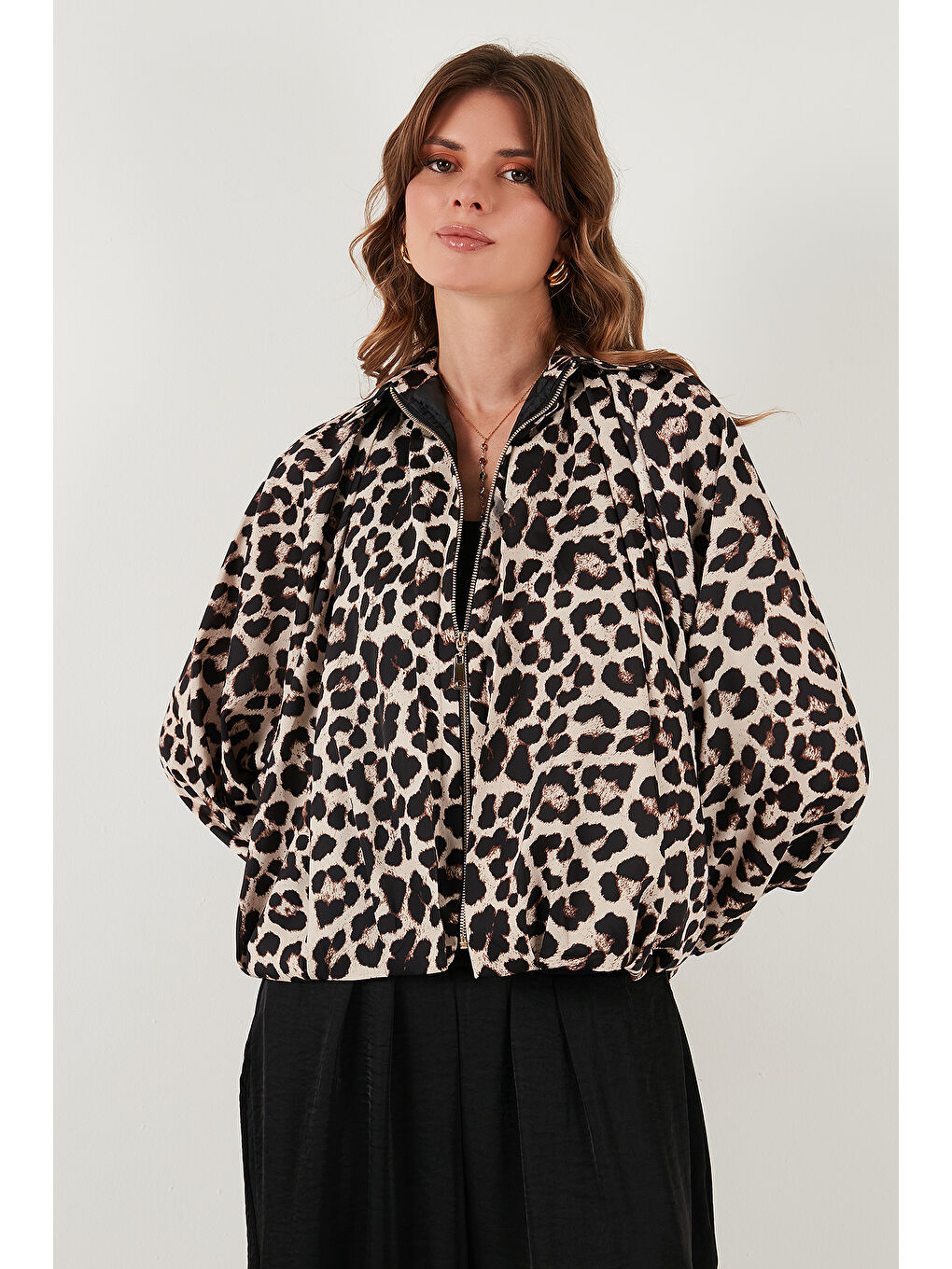 Kahverengi Oversize Klasik Yaka Yarasa Kol Fermuarlı Bomber Ceket 6839636-2