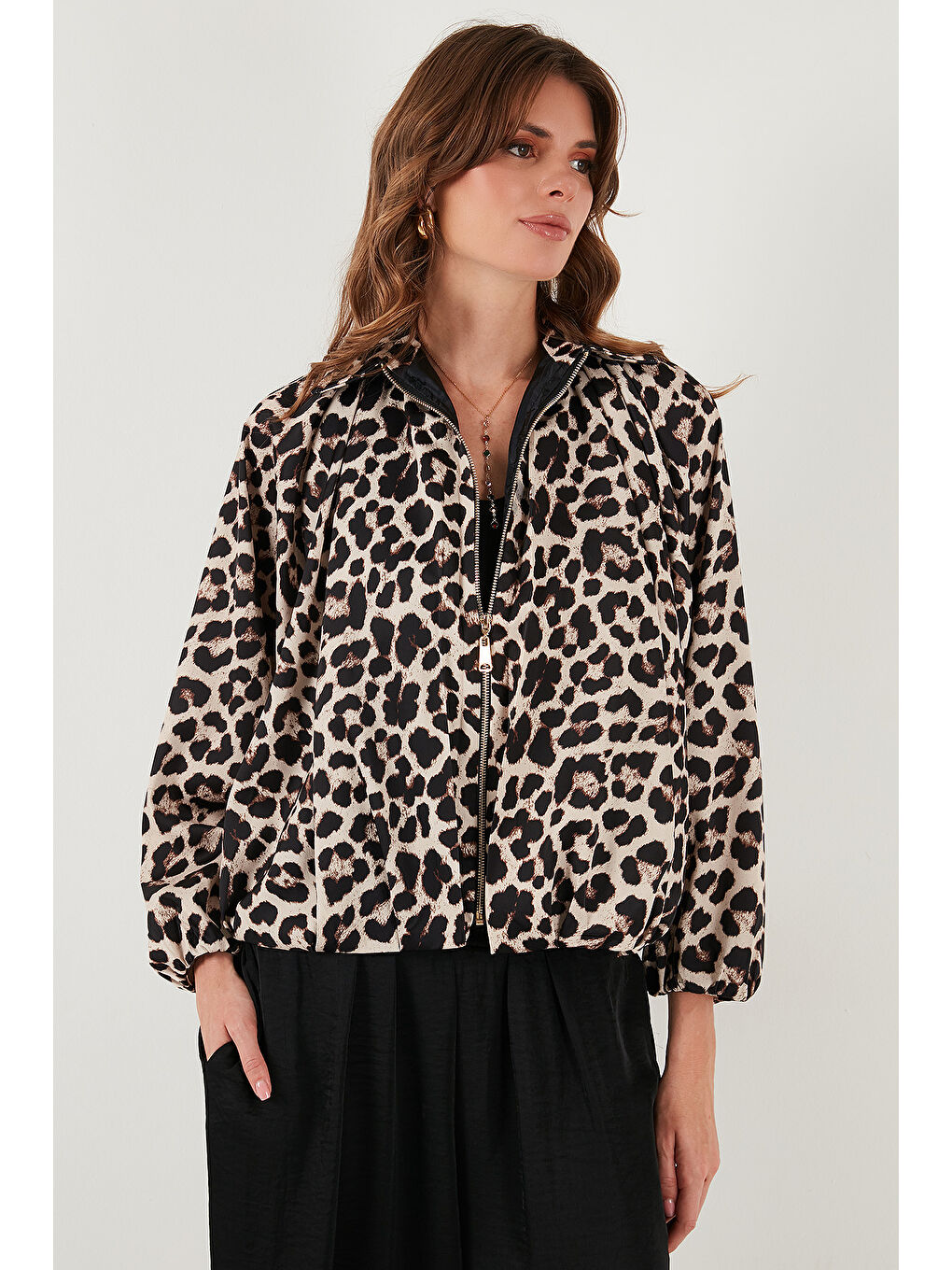 Kahverengi Oversize Klasik Yaka Yarasa Kol Fermuarlı Bomber Ceket 6839636-3