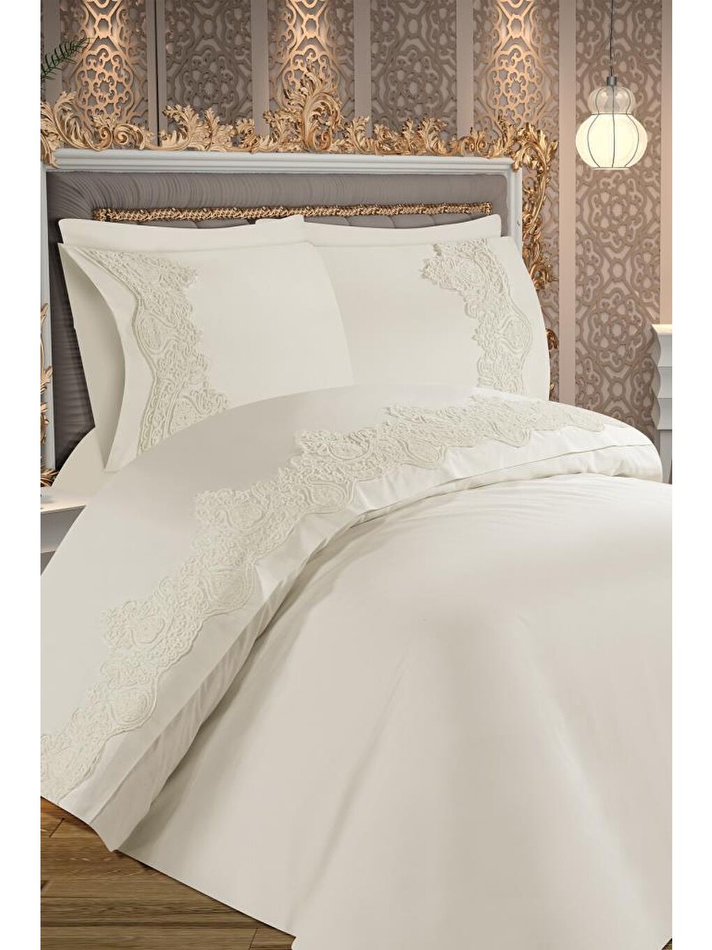 Ekru Duru Fransız Güpürlü Çeyizlik Nevresim Takmı Krem-4