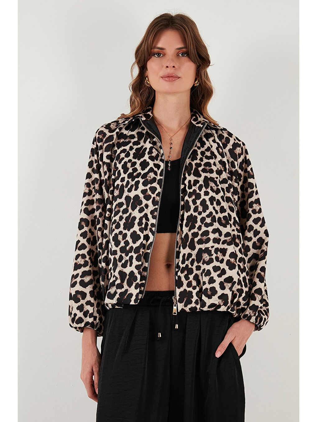 Kahverengi Oversize Klasik Yaka Yarasa Kol Fermuarlı Bomber Ceket 6839636-4