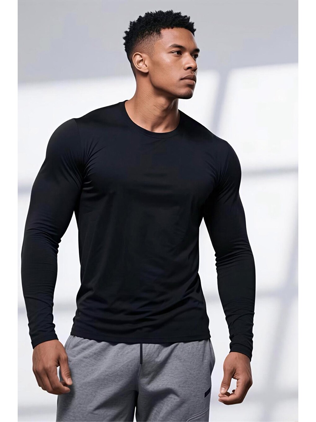 Siyah Ark Erkek Elastanlı Dar Kesim Uzun Kollu Spor Ve Günlük T-shirt