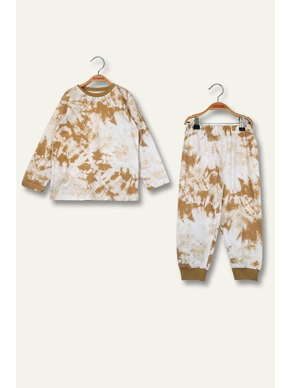 Kahverengi Unisex Çocuk Desenli Pijama Takımı - Camel-1