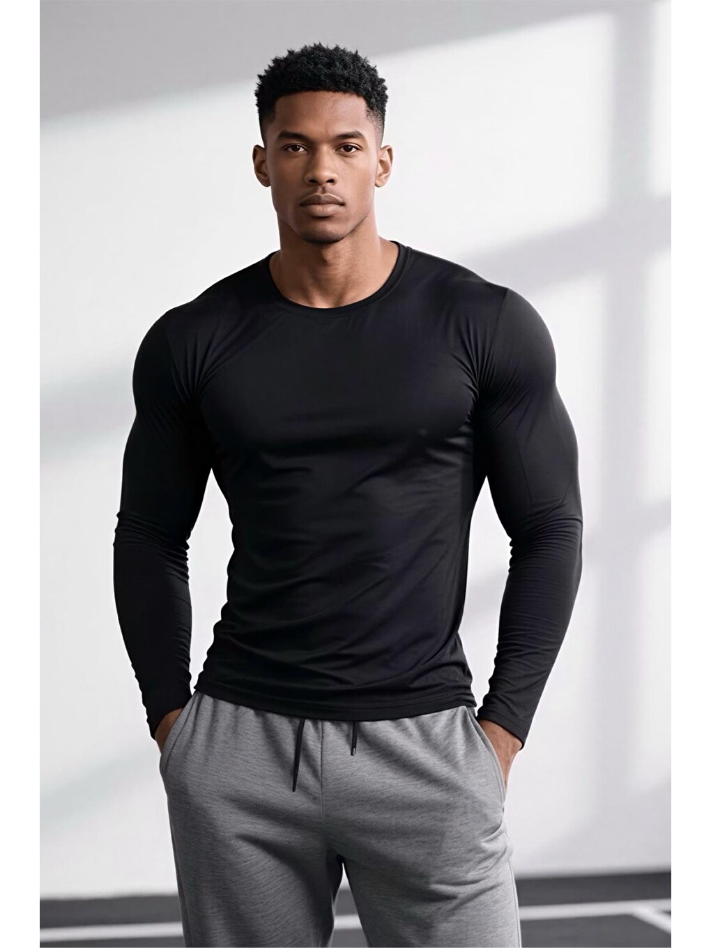 Siyah Ark Erkek Elastanlı Dar Kesim Uzun Kollu Spor Ve Günlük T-shirt-1