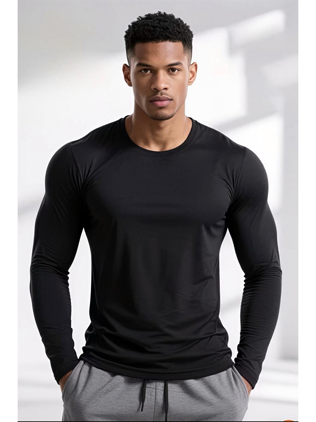 Siyah Ark Erkek Elastanlı Dar Kesim Uzun Kollu Spor Ve Günlük T-shirt-2
