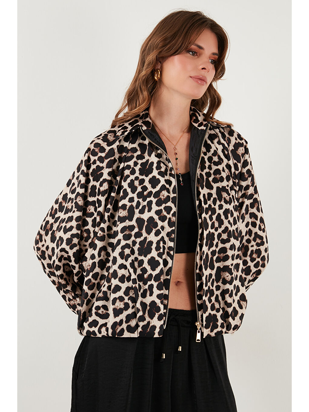 Kahverengi Oversize Klasik Yaka Yarasa Kol Fermuarlı Bomber Ceket 6839636-5