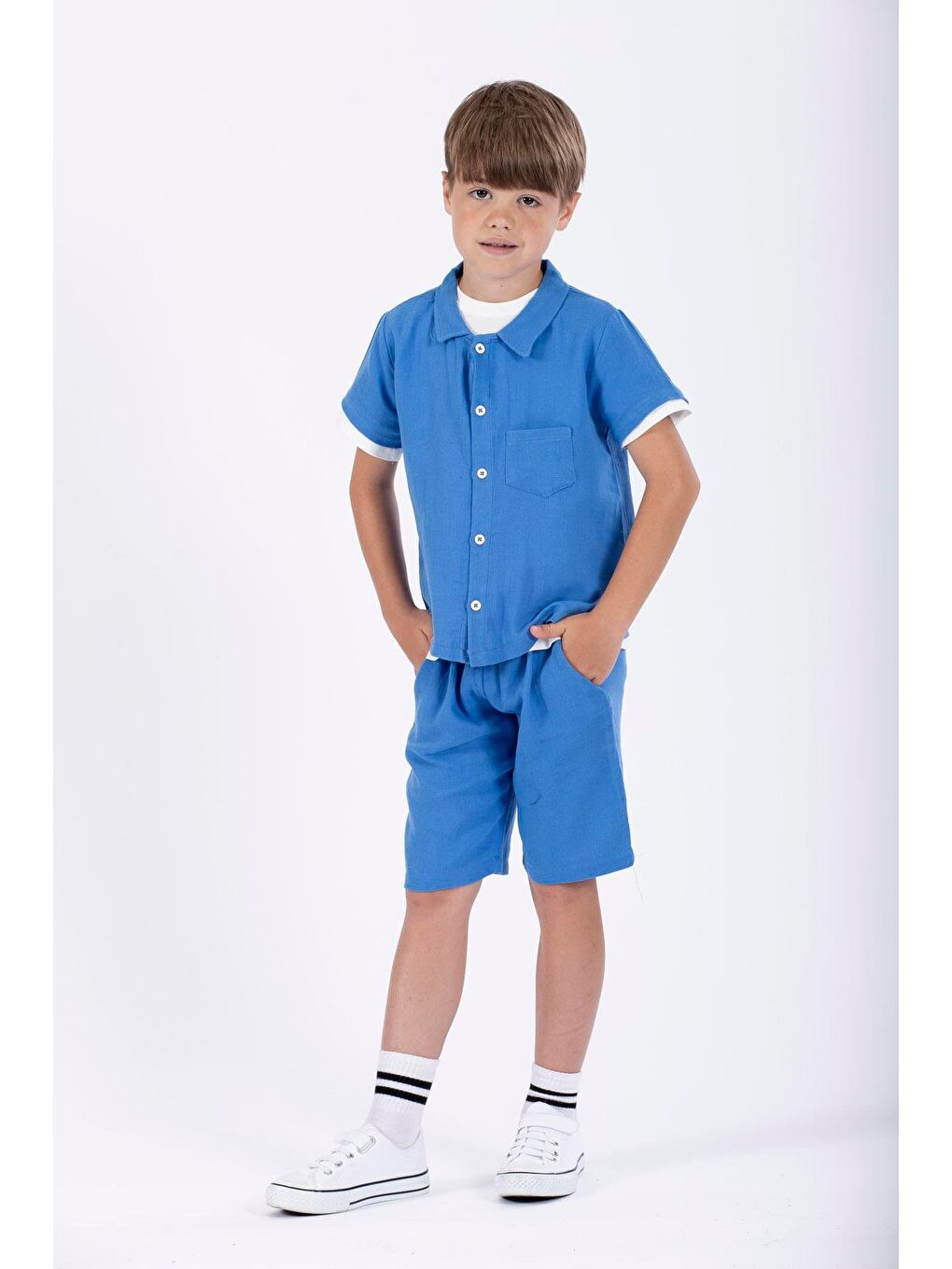 Mavi Gçmlek Yaka Kısa Kol Saks Renk Erkek Çocuk Şortlu Takım