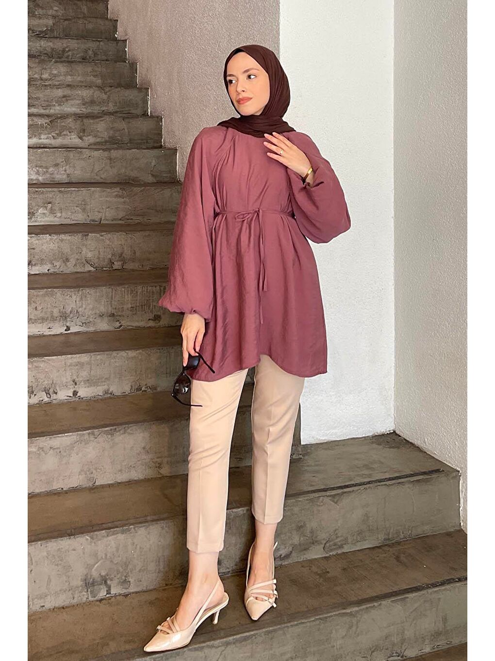 Pembe Kuşak Bağlamalı Tunik Gül