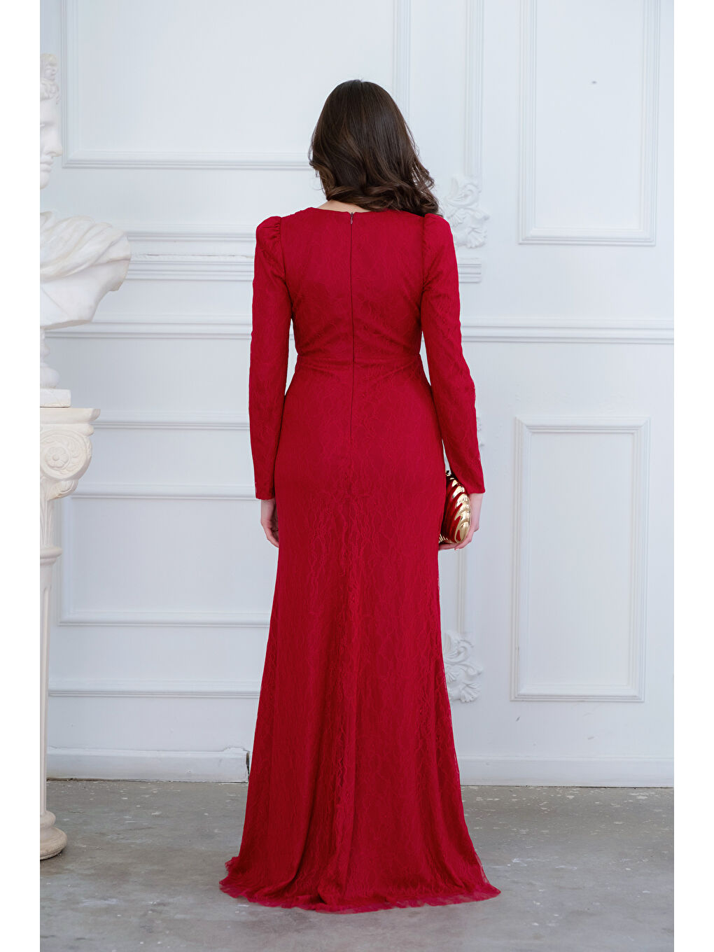Kadın Bordo Dar Kalıp Kruvaze Yaka Dantelli Uzun Abiye Elbise-5