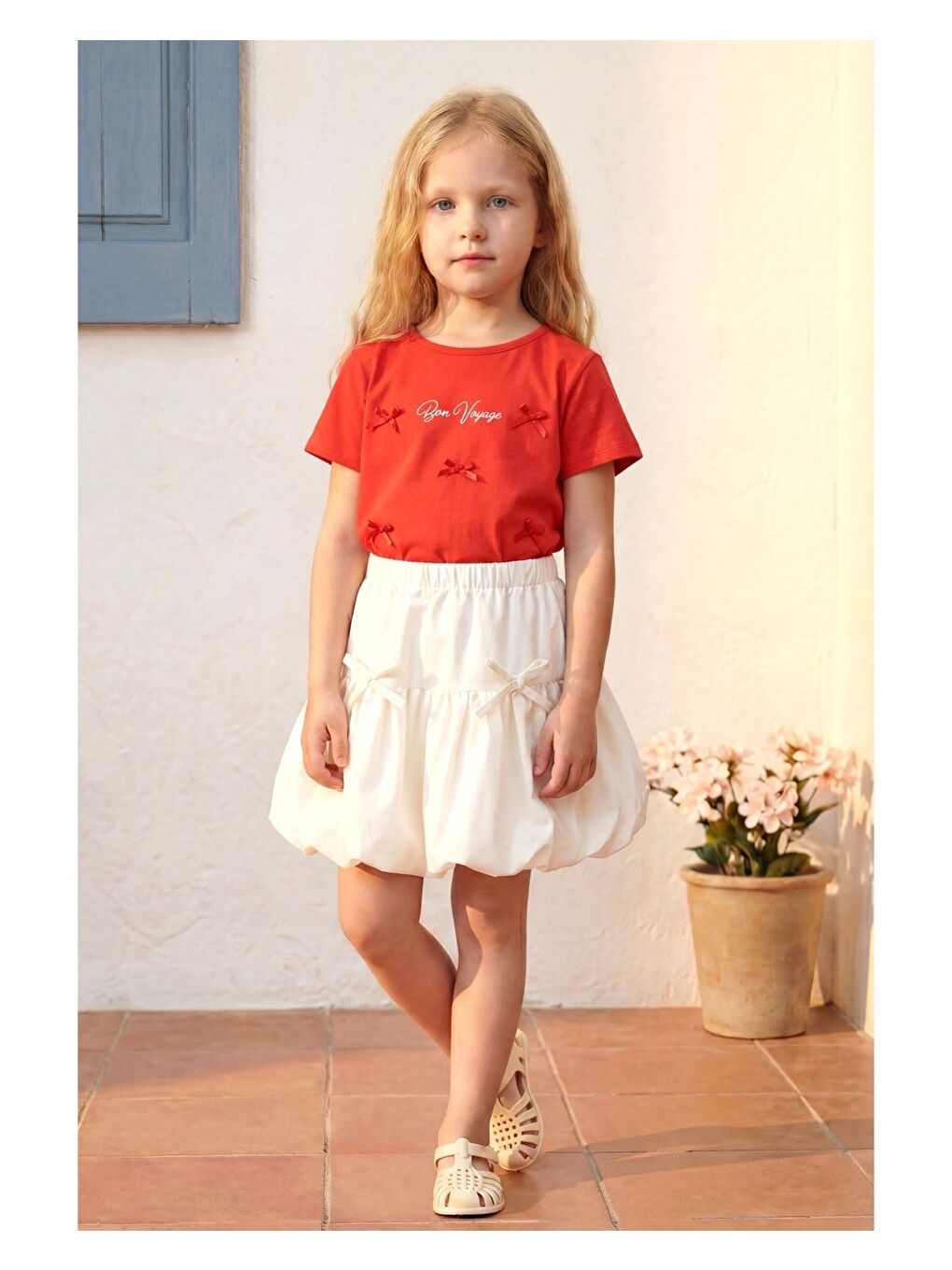 Kız Çocuk Pamuklu Kırmızı Tişört Etek Takım - Beyaz Balon Etekli-1