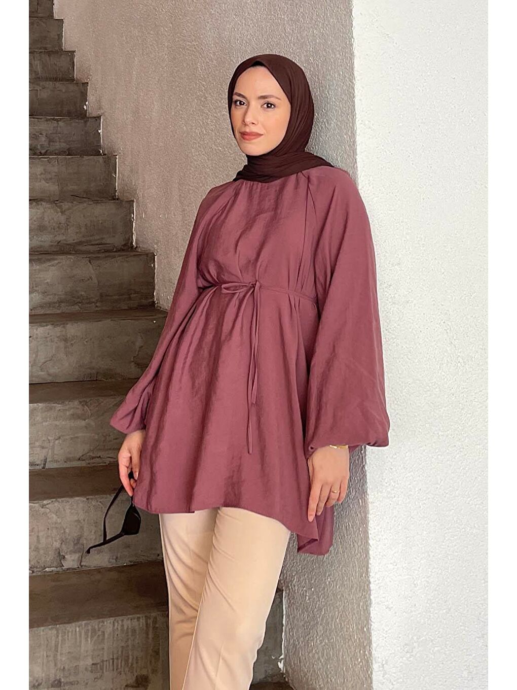 Pembe Kuşak Bağlamalı Tunik Gül-1