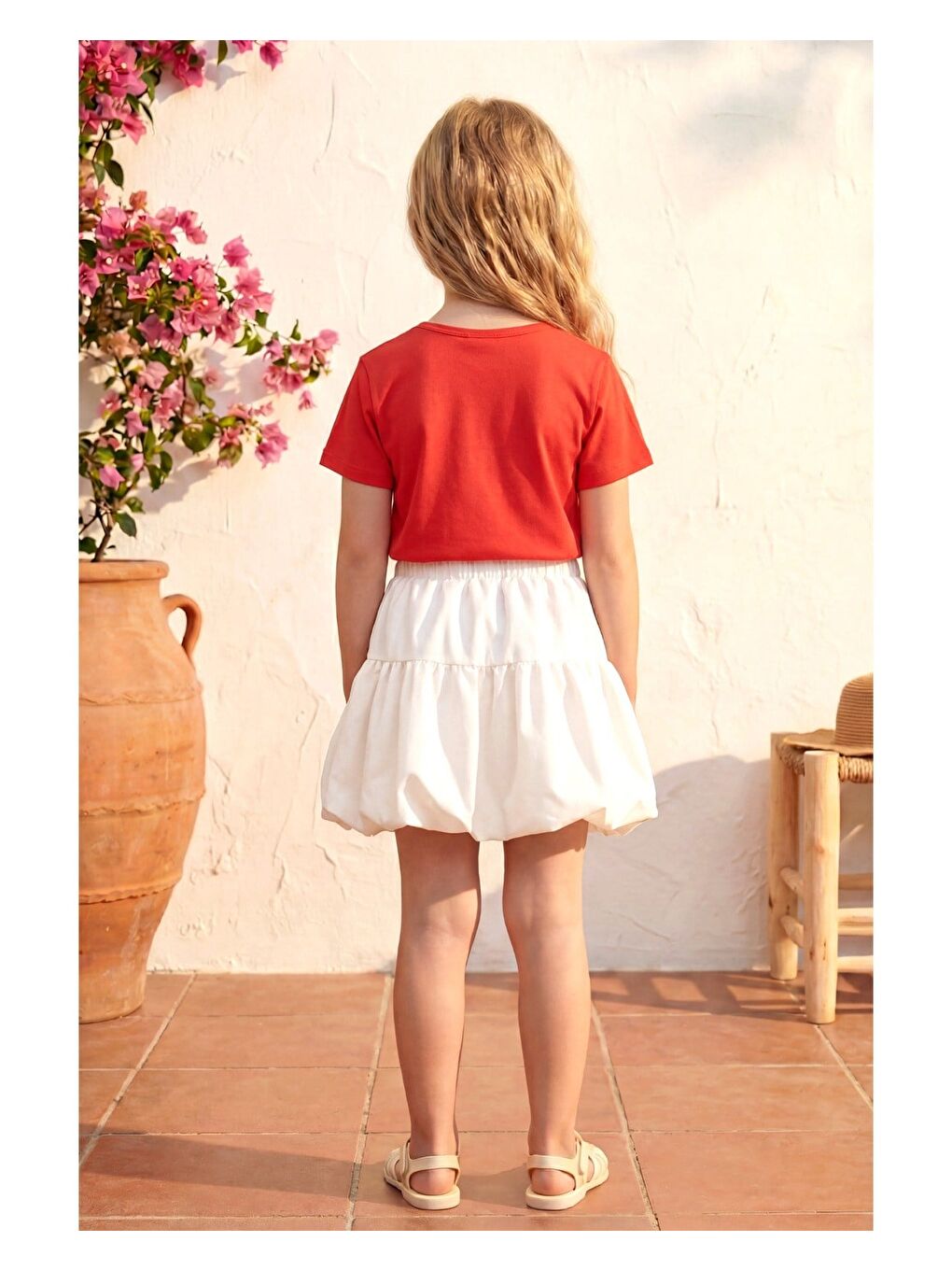 Kız Çocuk Pamuklu Kırmızı Tişört Etek Takım - Beyaz Balon Etekli-2