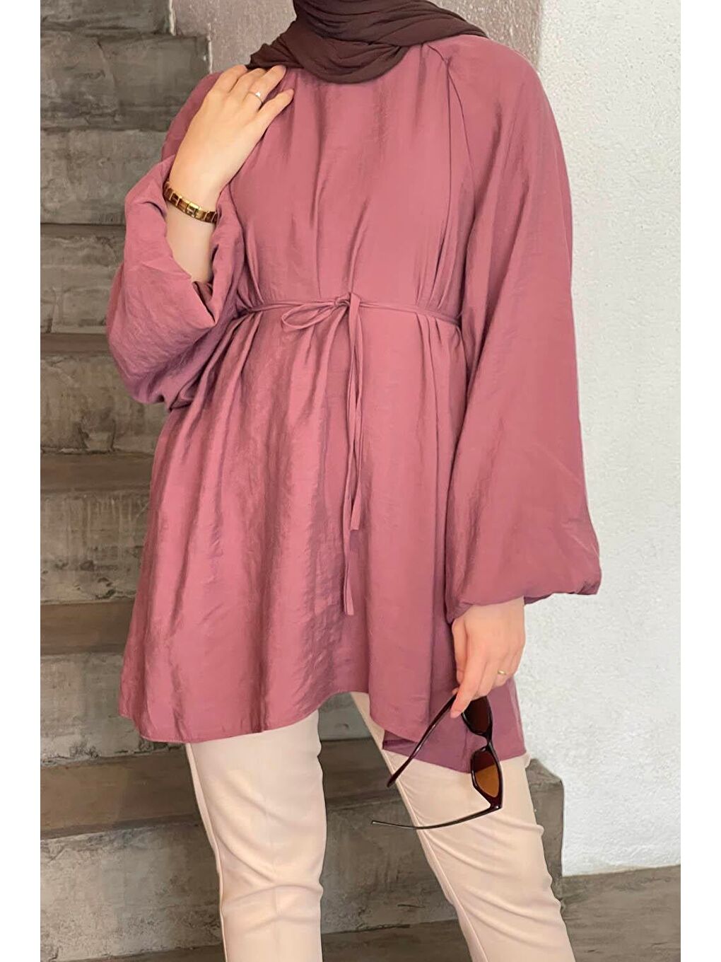 Pembe Kuşak Bağlamalı Tunik Gül-2