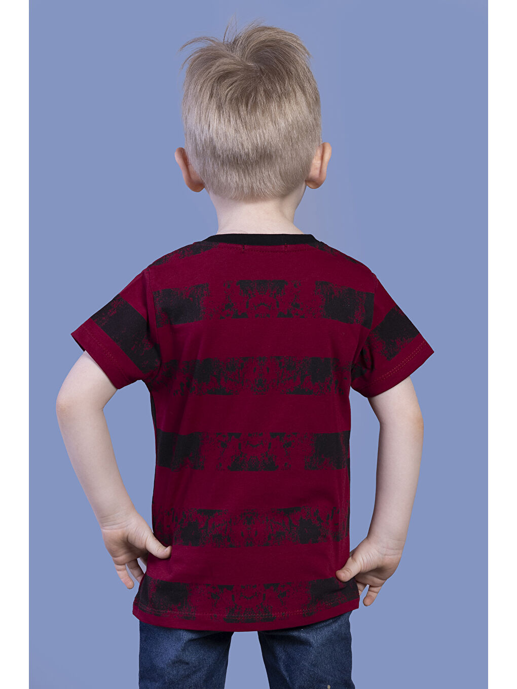 Bordo Erkek Çocuk Çizgi Desenli Tişört-1