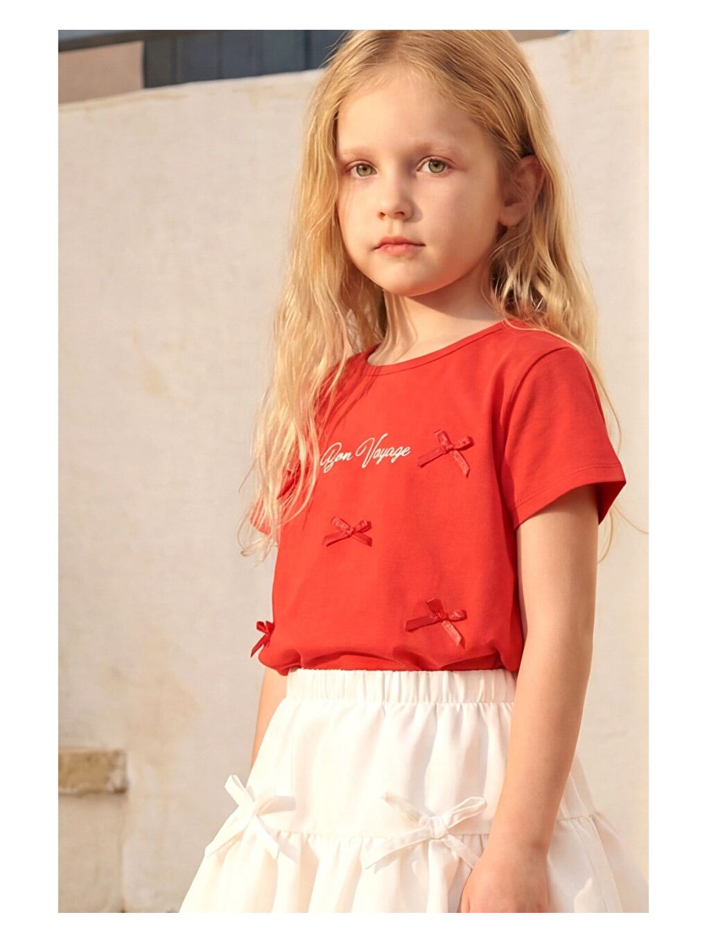 Kız Çocuk Pamuklu Kırmızı Tişört Etek Takım - Beyaz Balon Etekli-3