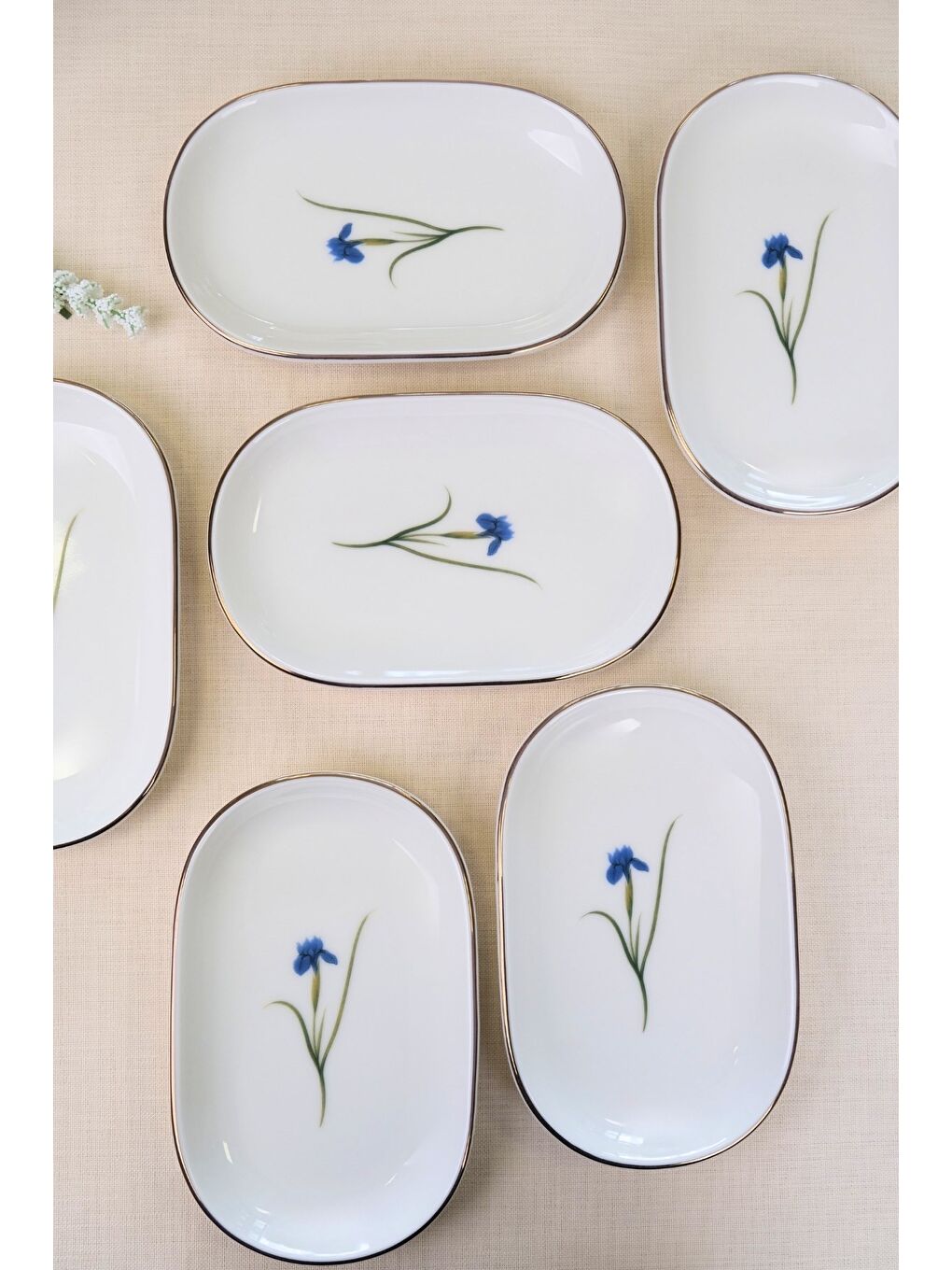 Karışık Porselen Natura İris Altın Yaldızlı Oval Kayık Tabak 27,50x17,50x3cm 6 LI