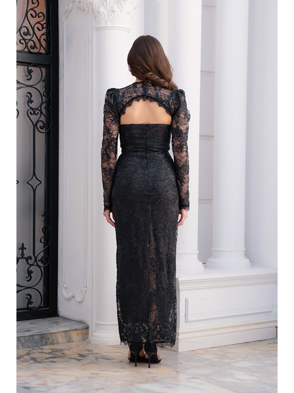 Kadın Siyah Dar Kalıp Bisiklet Yaka Dantelli Uzun Kol Abiye Elbise-5