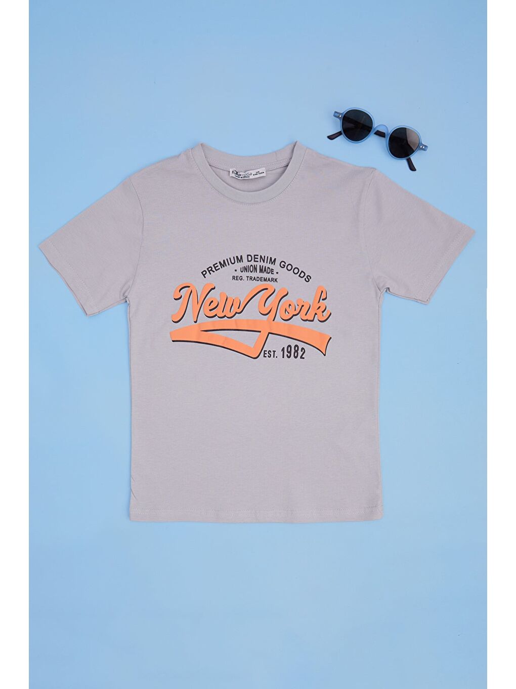 Gri New York Baskılı Bisiklet Yaka Erkek Çocuk Tişört