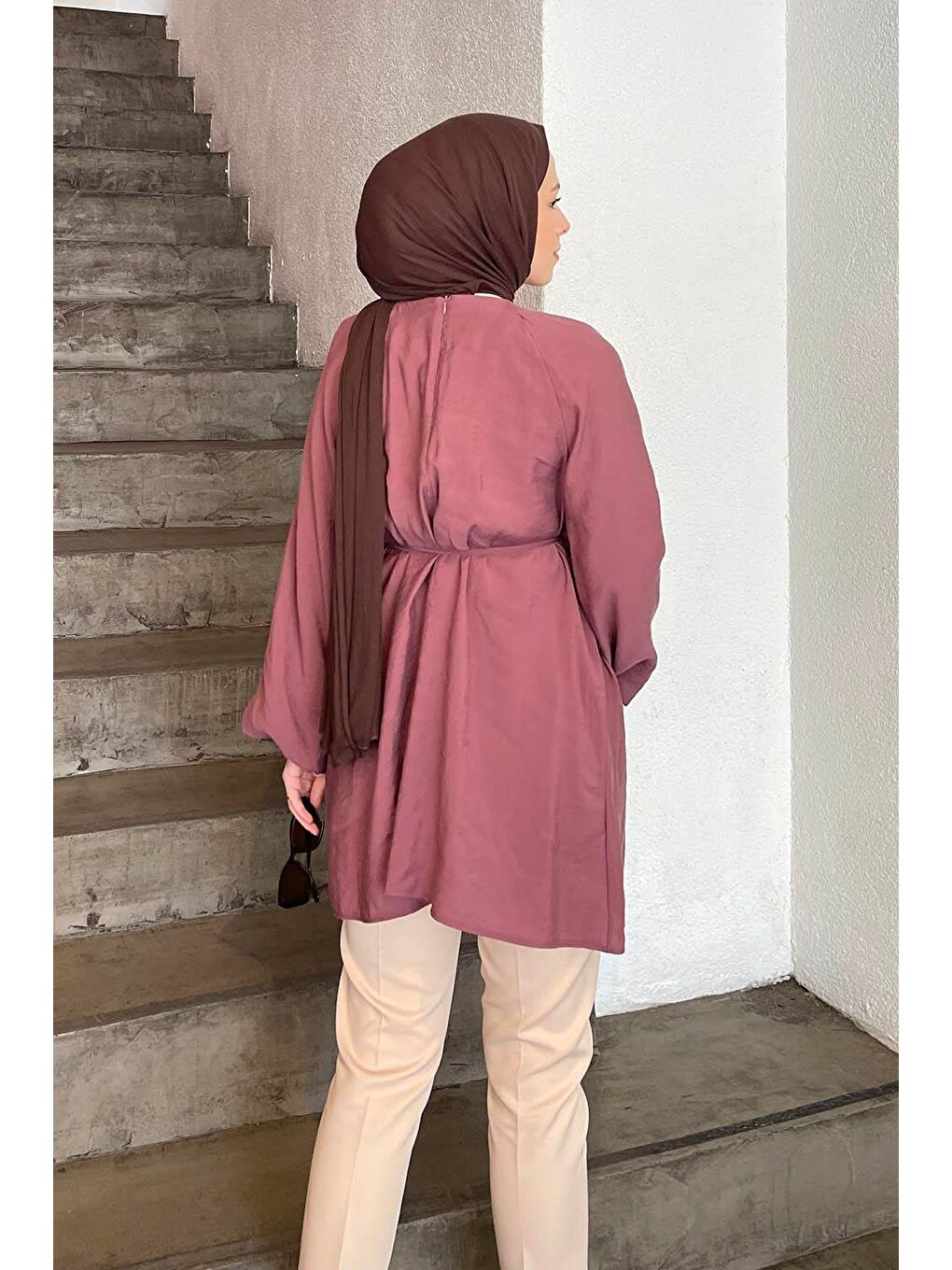 Pembe Kuşak Bağlamalı Tunik Gül-3