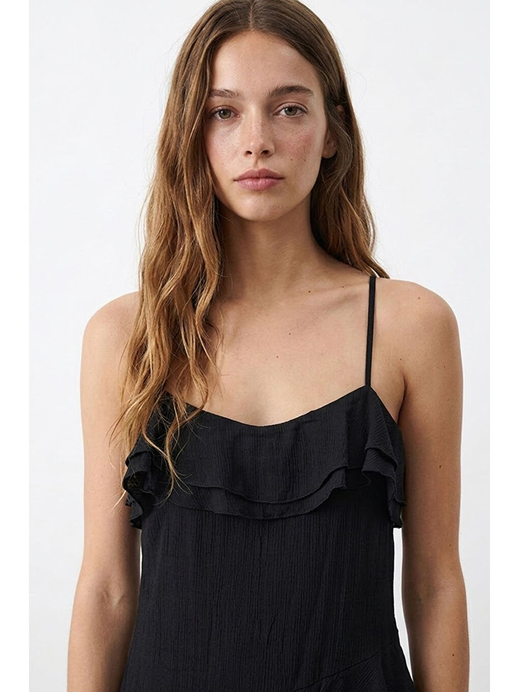 Çapraz Askılı Katlı Midi Elbise Siyah-3