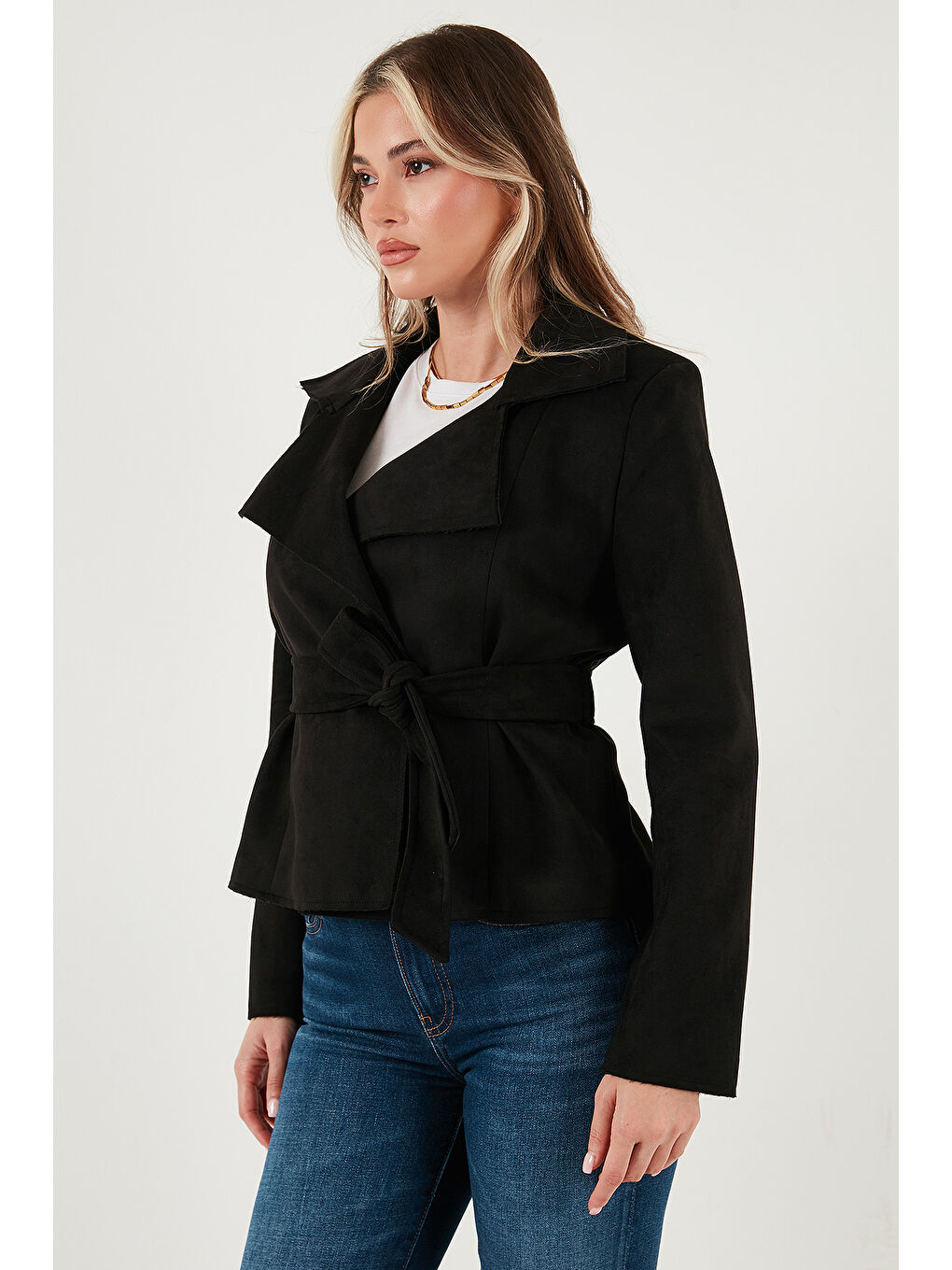 Siyah Regular Fit Kruvaze Yaka Kuşaklı Süet Dokulu Ceket 6839640-5