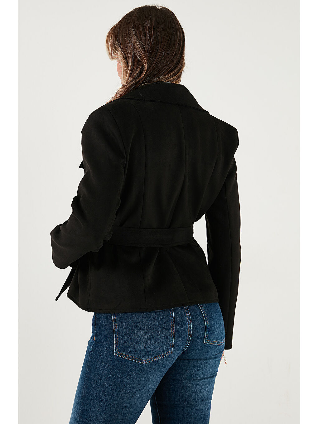 Siyah Regular Fit Kruvaze Yaka Kuşaklı Süet Dokulu Ceket 6839640-6