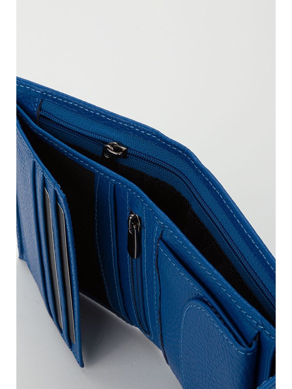 Kutulu Hakiki Deri Gök Mavi Küçük Boy Çok Gözlü Kadın El Portföyü Kartlık Cüzdan-3