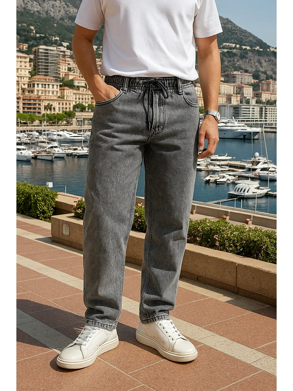 Erkek Beli Lastikli Premium Gri Baggy Pantolon-1