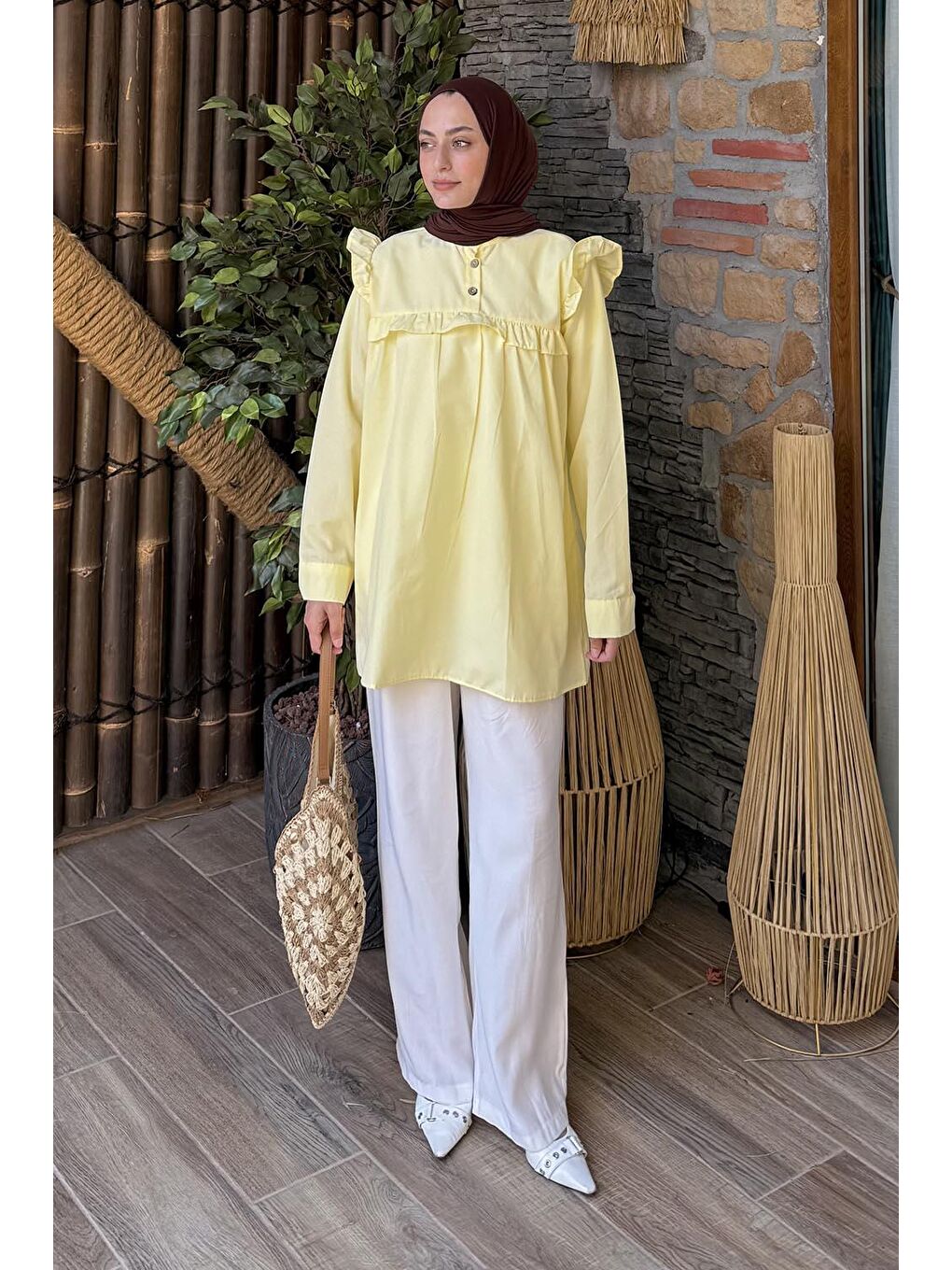 Hakim Yaka Önü Pileli Tunik Sarı