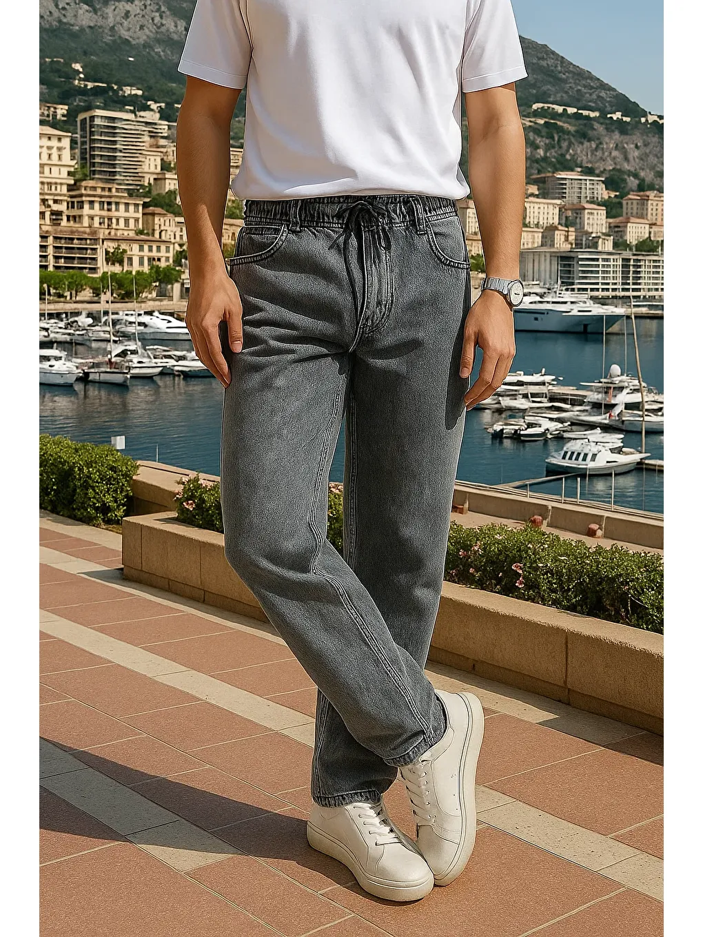 Erkek Beli Lastikli Premium Gri Baggy Pantolon-2