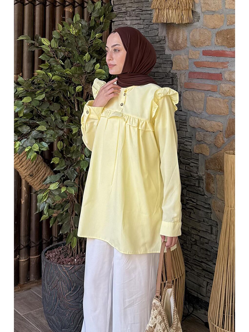 Hakim Yaka Önü Pileli Tunik Sarı-1