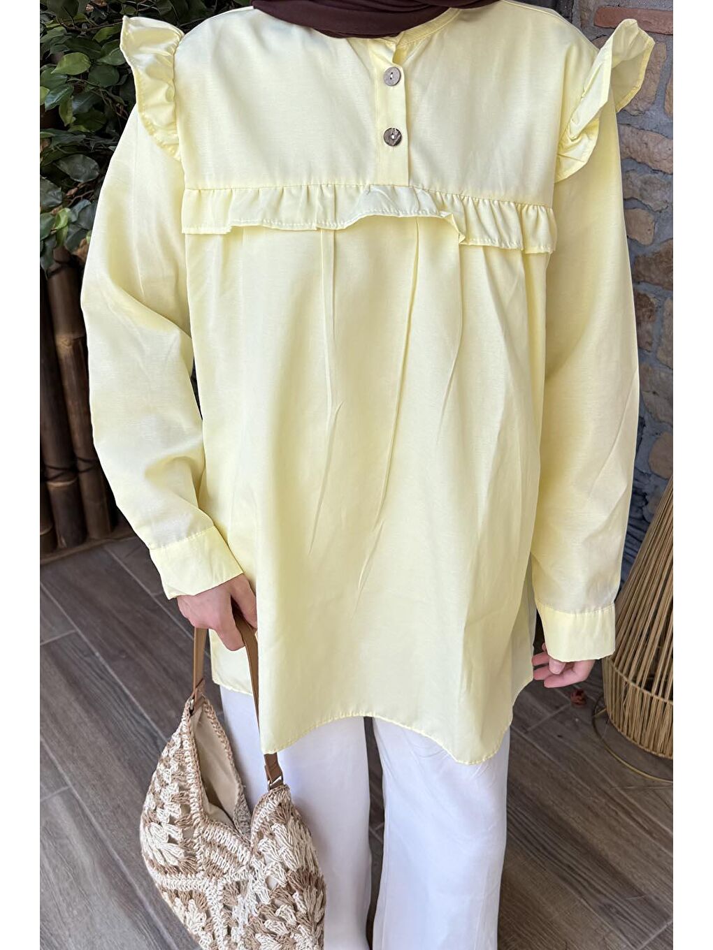 Hakim Yaka Önü Pileli Tunik Sarı-2