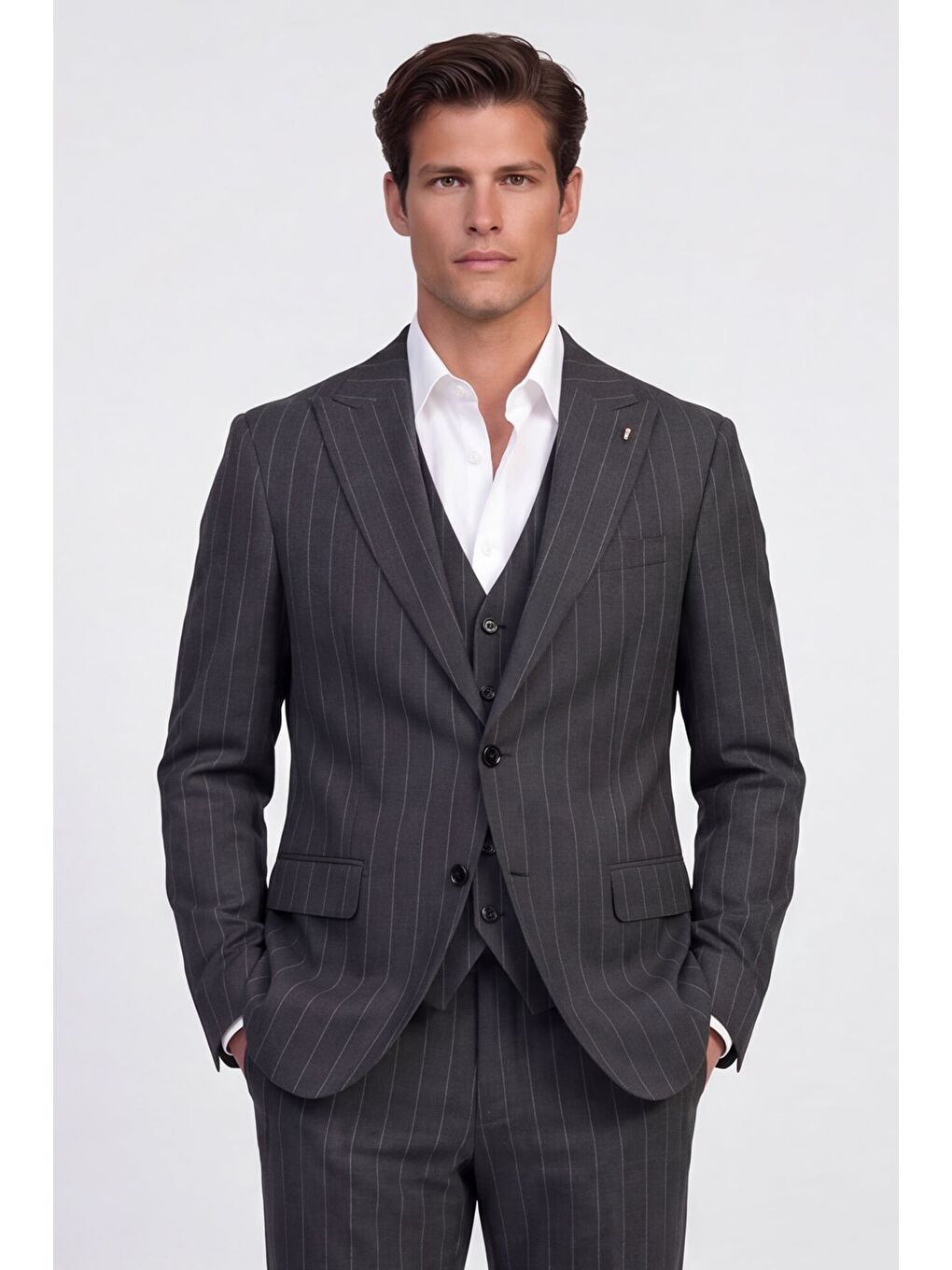 Giotelli Erkek Gri Dar Kesim Slim Fit Viskon Dokuma Mono Yaka 6 Drop Yelekli Takım Elbise