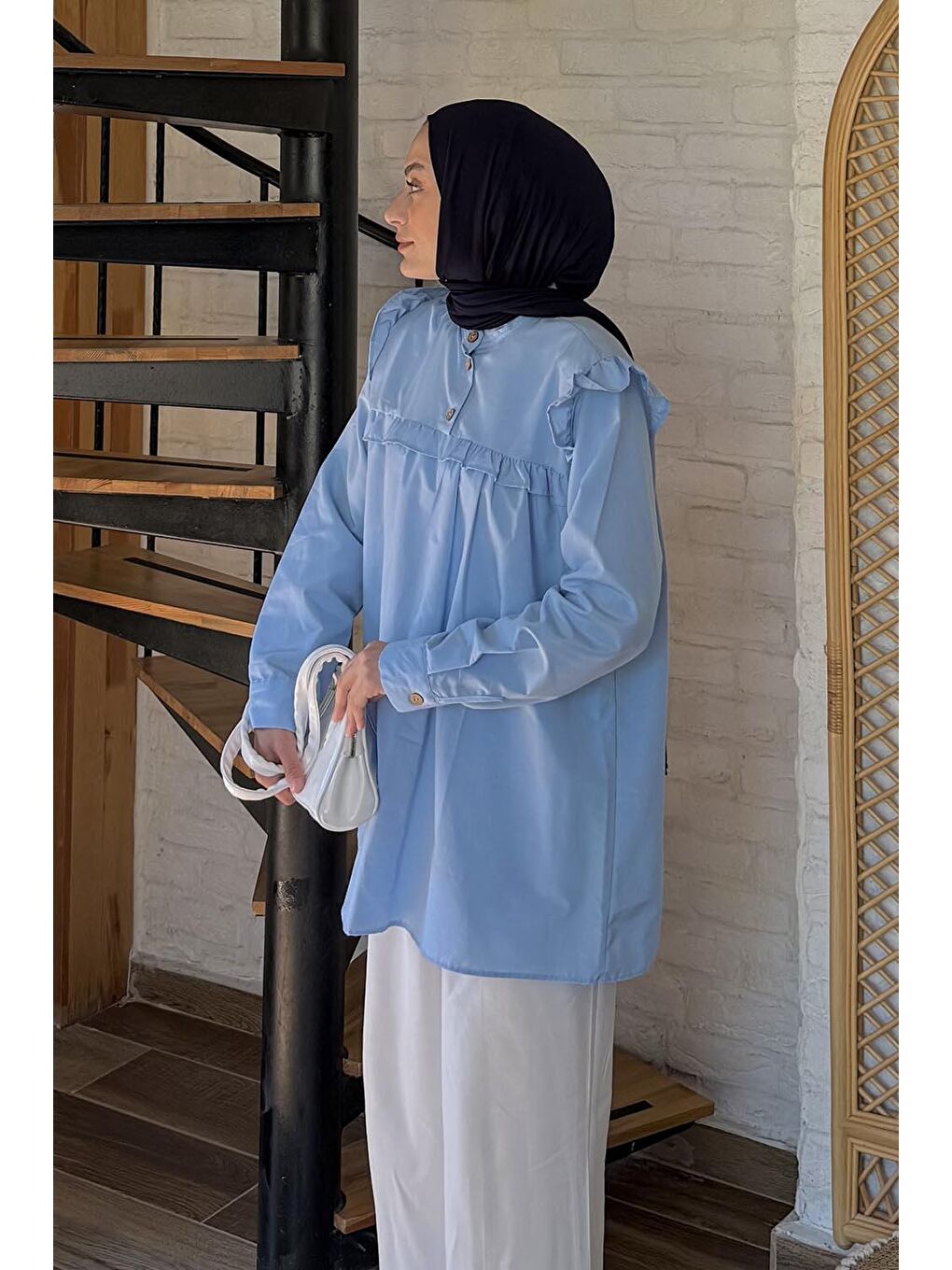Hakim Yaka Önü Pileli Tunik Mavi-1