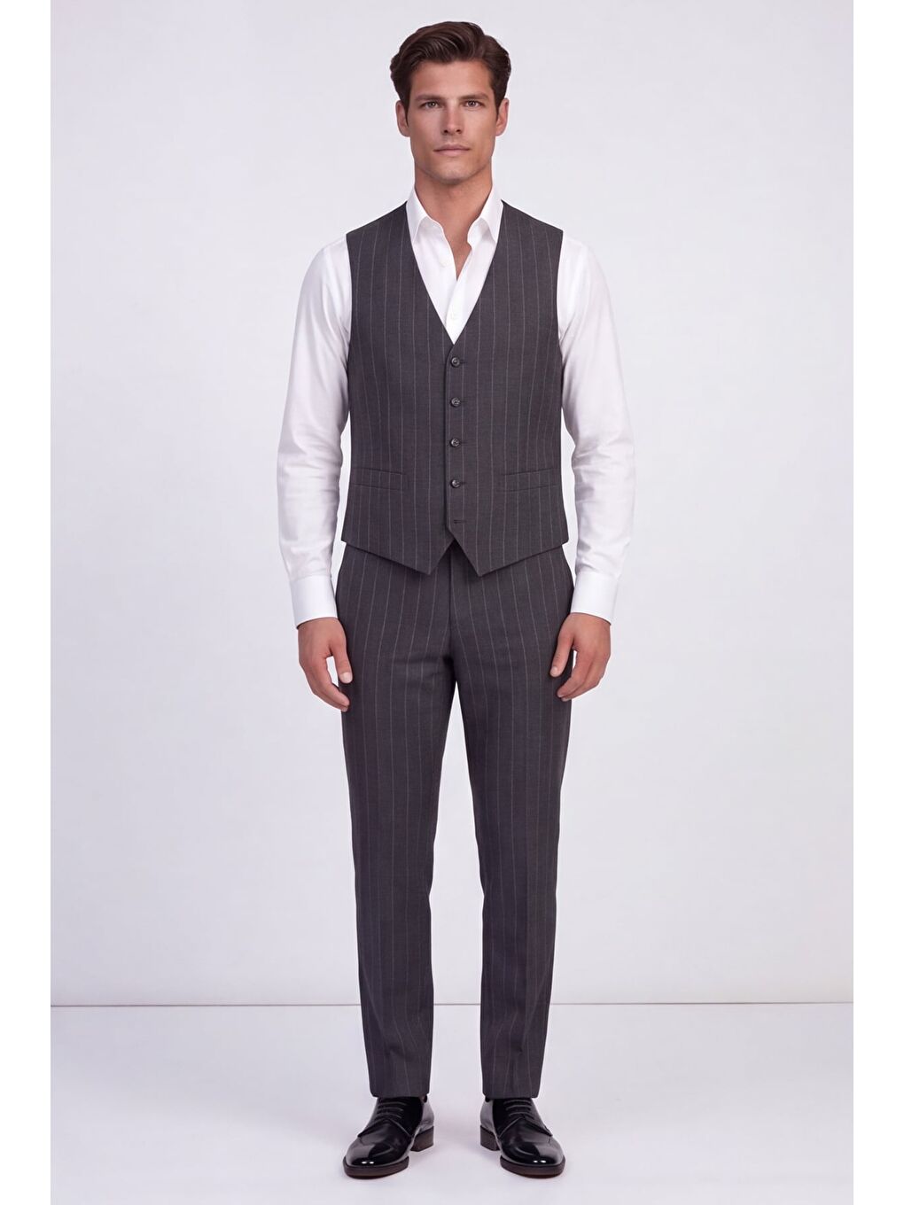 Giotelli Erkek Gri Dar Kesim Slim Fit Viskon Dokuma Mono Yaka 6 Drop Yelekli Takım Elbise-1