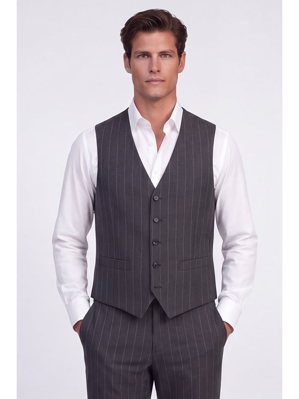 Giotelli Erkek Gri Dar Kesim Slim Fit Viskon Dokuma Mono Yaka 6 Drop Yelekli Takım Elbise-2