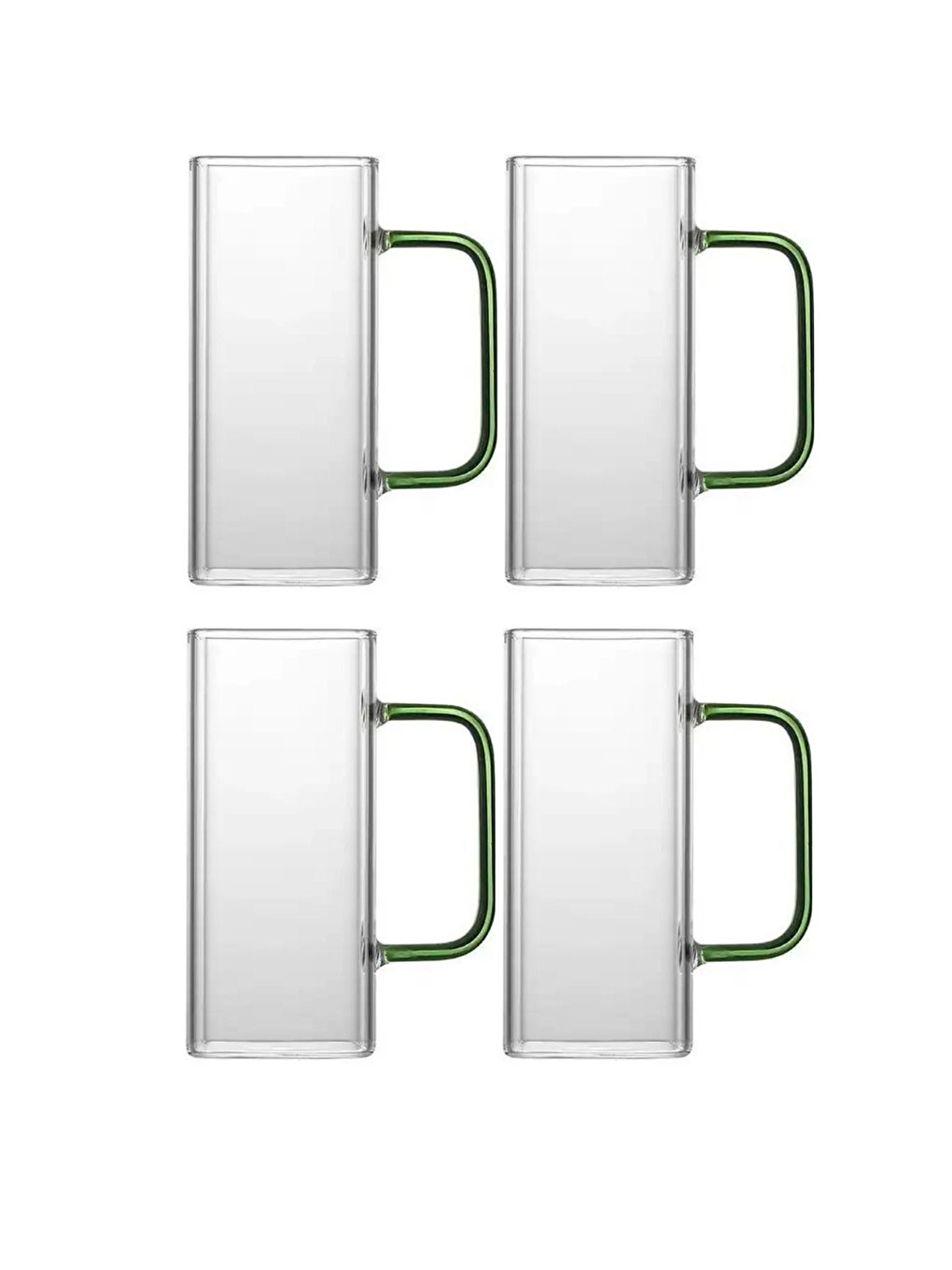 Renksiz Kare Cam Koyu Yeşil KulpluBardak 350 ml 4 Adet