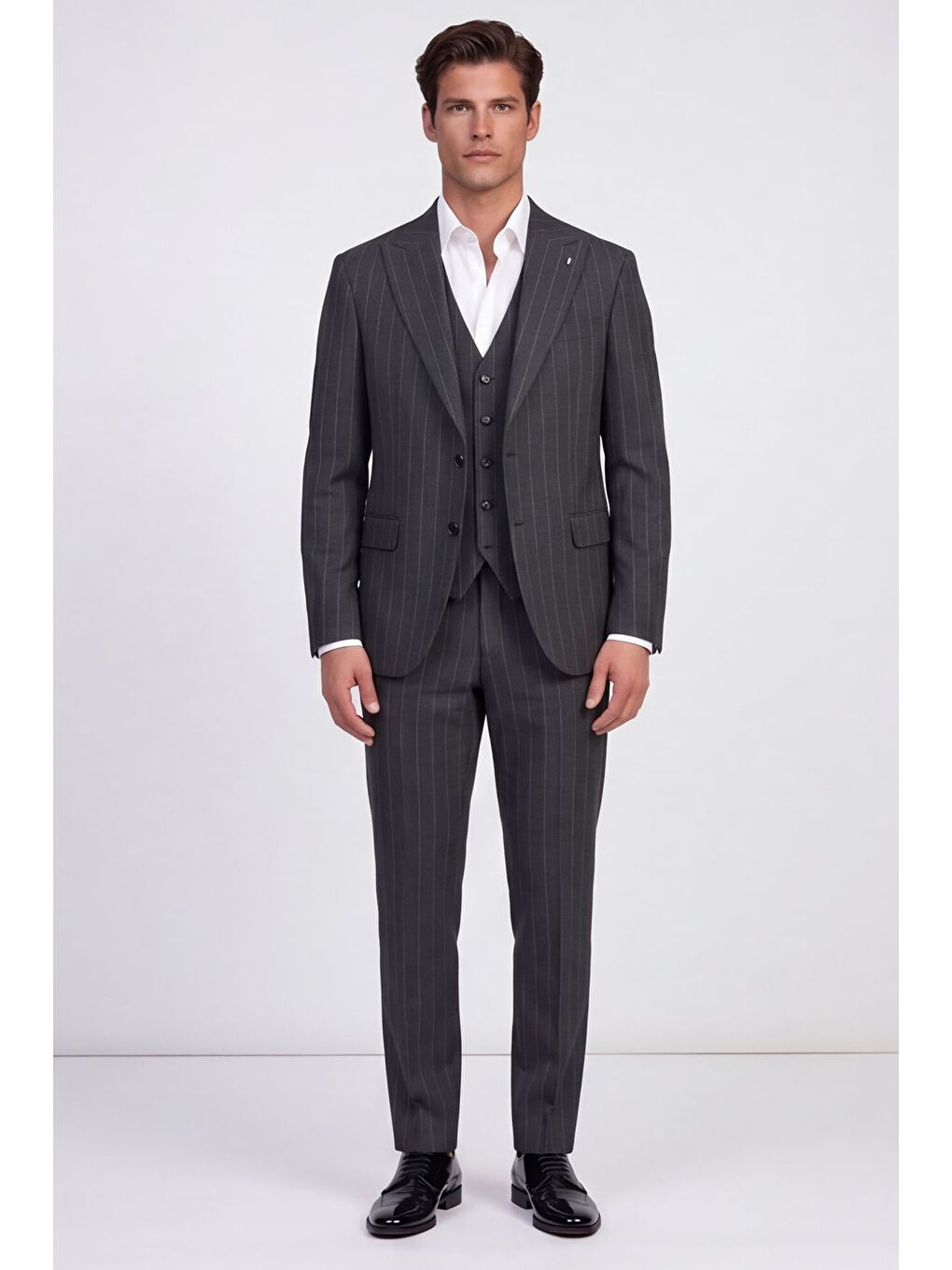 Giotelli Erkek Gri Dar Kesim Slim Fit Viskon Dokuma Mono Yaka 6 Drop Yelekli Takım Elbise-4