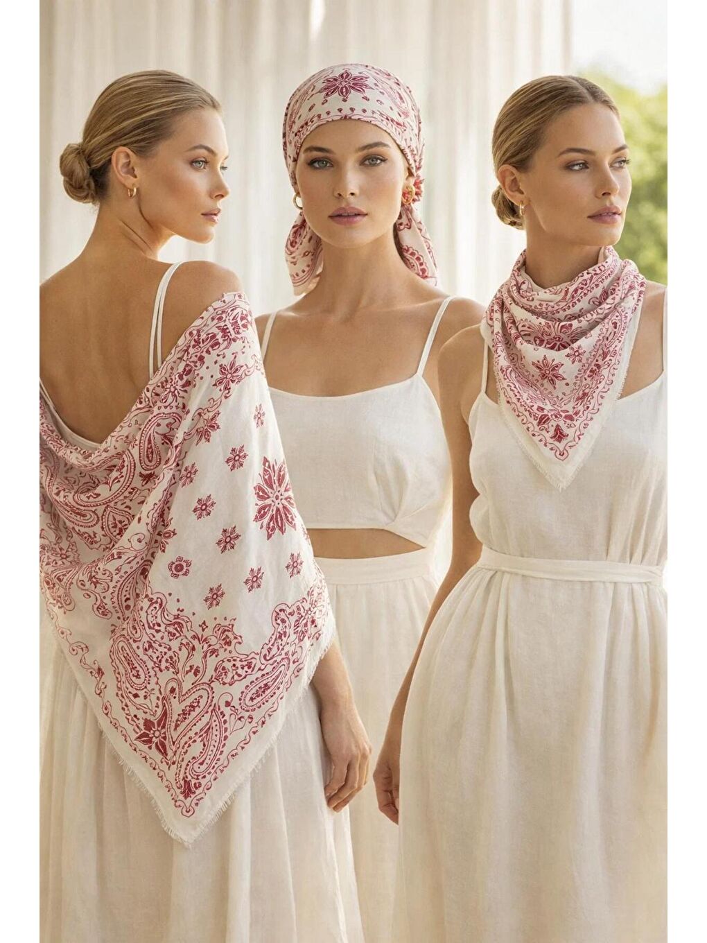 Pembe Kadın Fuşya Etnik Desenli Bohem Üçgen Şal Bandana 110x110 cm SAL1400-1