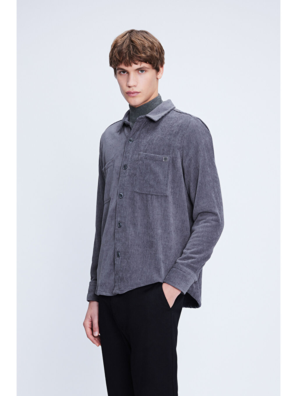 Gri Shacket Comfort Fit Uzun Kol Fitilli Kadife Gömlek