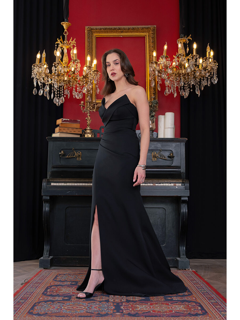 Kadın Siyah Kedi Kulağı Pileli Uzun Abiye Elbise-1