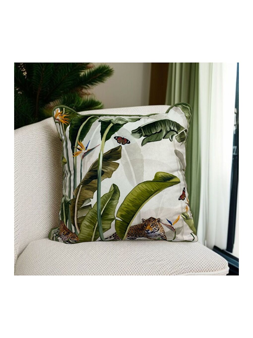 Yeşil Bitki Desen Biyeli Dekoratif Kırlent Kılıfı 45x45