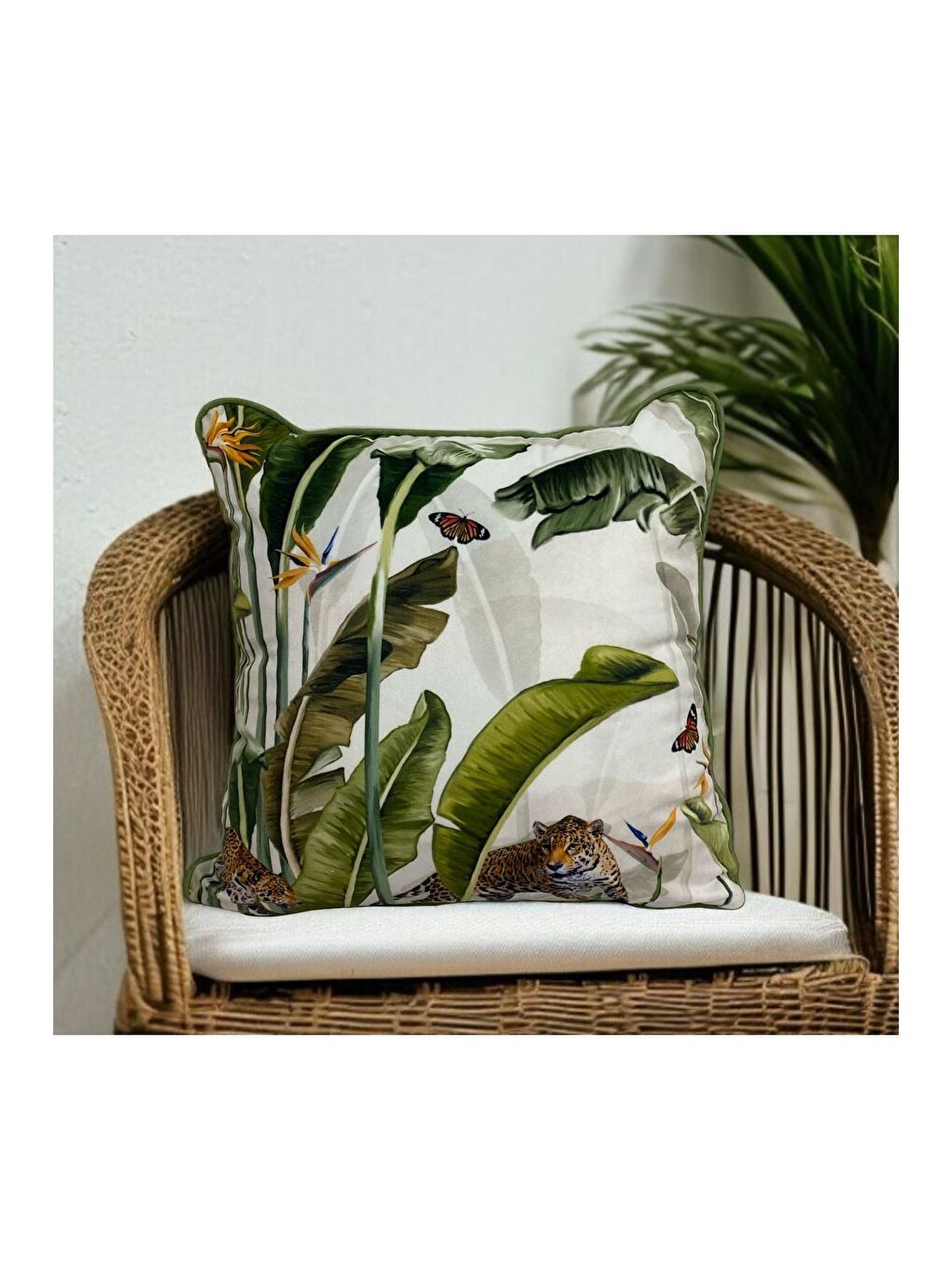 Yeşil Bitki Desen Biyeli Dekoratif Kırlent Kılıfı 45x45-1