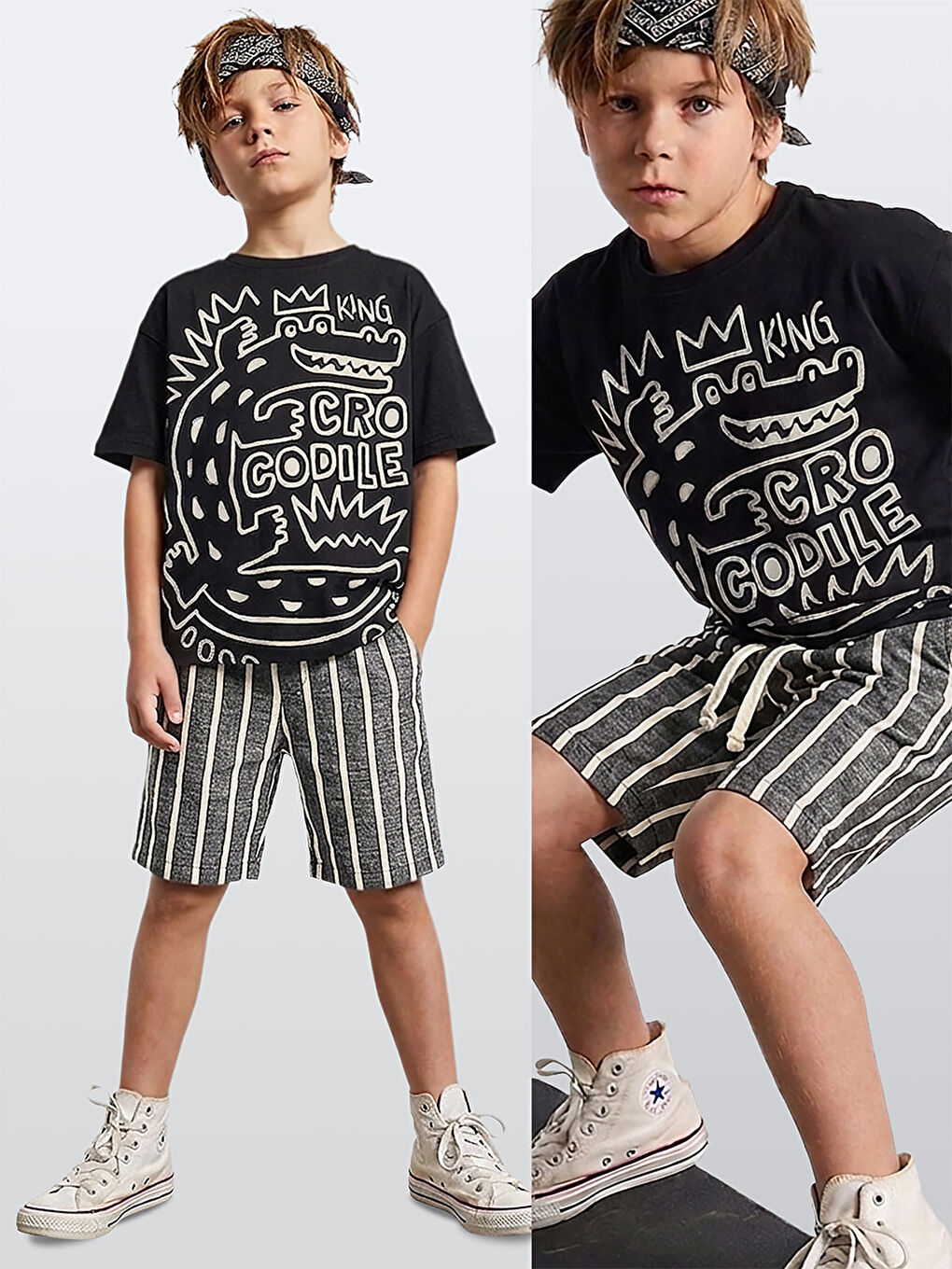 Erkek Çocuk Takım Croco Siyah T-Shirt Ve Çizgili Keten Görünümlü Yazlık Şort