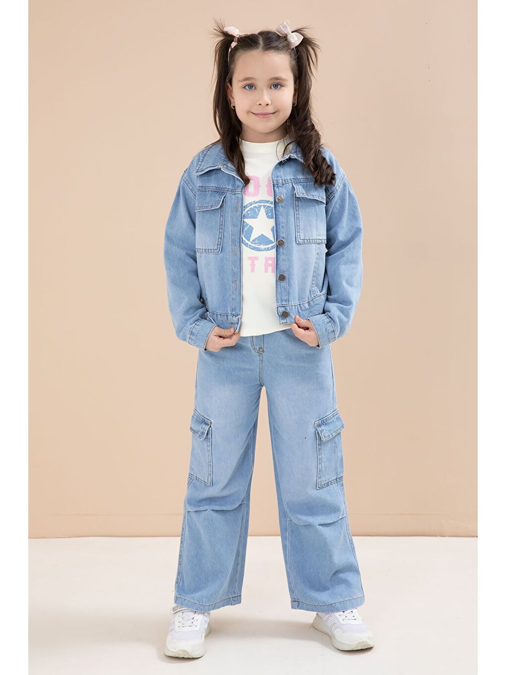 Mavi Jean Ceketli Kargo Cepli Pantolonlu Kız Çocuk Badili 3lü Alt Üst Takım 23614-1