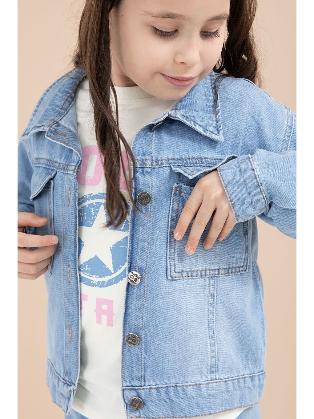 Mavi Jean Ceketli Kargo Cepli Pantolonlu Kız Çocuk Badili 3lü Alt Üst Takım 23614-2