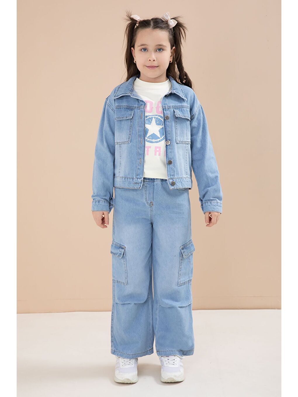 Mavi Jean Ceketli Kargo Cepli Pantolonlu Kız Çocuk Badili 3lü Alt Üst Takım 23614-3
